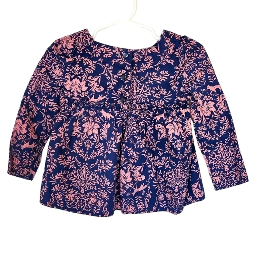 K1030 * Baby Gap Foxes & Lillies Empire Waist Blouse Blue Pink Size 18/24M